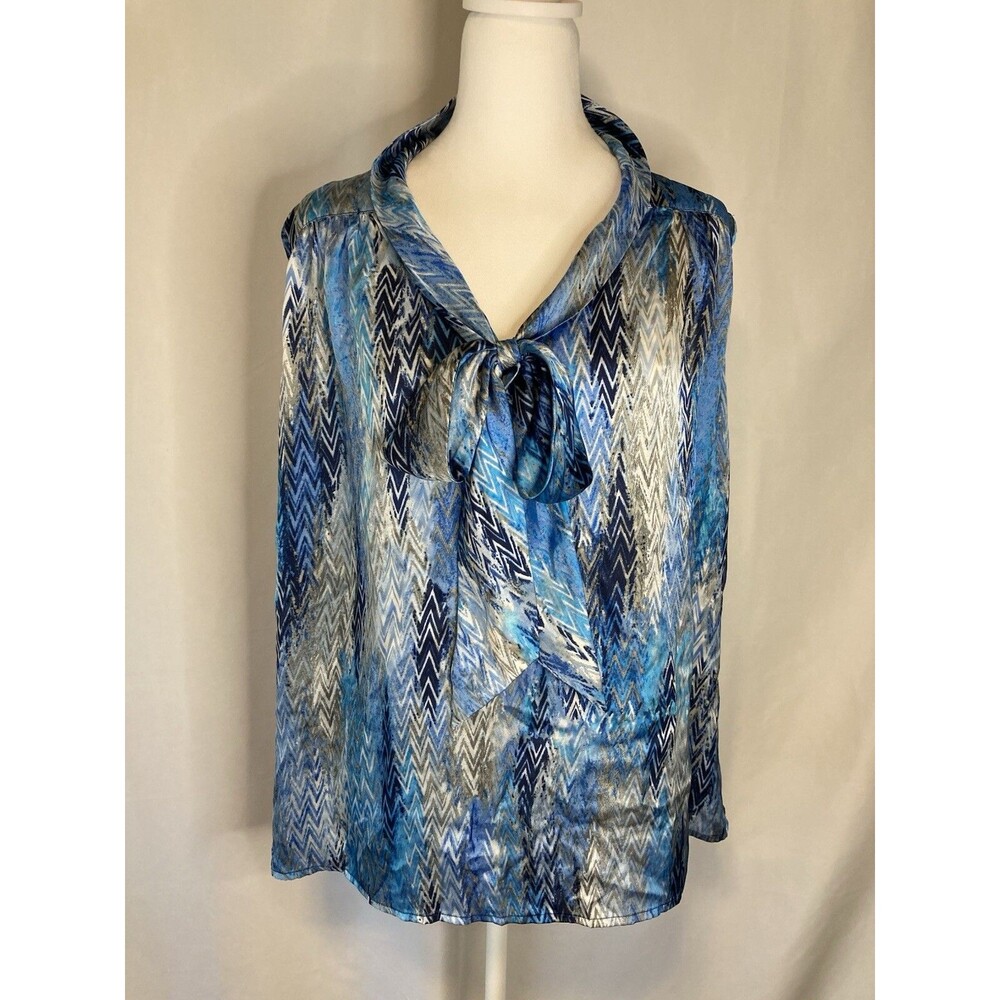 Y2K Jones Studio 2X Silky Shiny Top Blouse Blue Sleeveless Tie Career Office